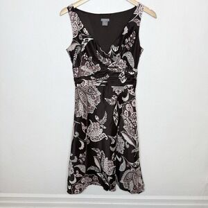 Ann Taylor Brown Floral Silk V-Neck Dress Floral Y2K‎ Lined Fairy Women's 2